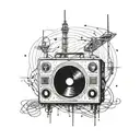 An intricate dotwork tattoo of a radio tower with sound waves emanating from it, symbolizing the connection between music and technology tattoo design idea