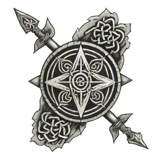 An intricate design featuring the Ukrainian trident symbol surrounded by Celtic runes, with elements of hiking trails and mountains, symbolizing resilience and exploration tattoo design idea