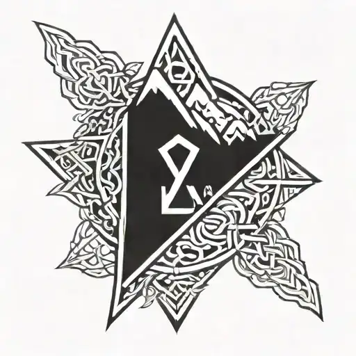 An intricate design featuring the Ukrainian trident symbol surrounded by Celtic runes, with elements of hiking trails and mountains, symbolizing resilience and exploration tattoo design idea