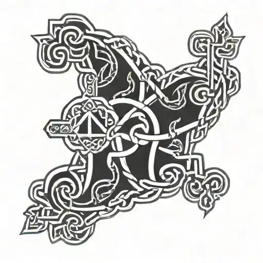 A Celtic knot design incorporating elements of the Ukrainian flag and a hiking trail map, symbolizing a journey of self-discovery and growth tattoo design idea