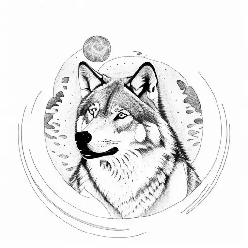Create a tattoo design depicting a family of wolves in a forest, with a sun and moon in the background tattoo design idea