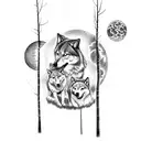 Create a tattoo design depicting a family of wolves in a forest, with a sun and moon in the background tattoo design idea