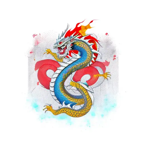 japanese dragon red and gold body holding  music speaker with graffiti city urban background tattoo design idea