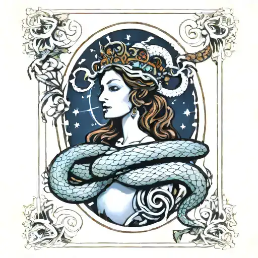 empress tarot card with a snake wrapped around the triple goddess symbol above tattoo design idea