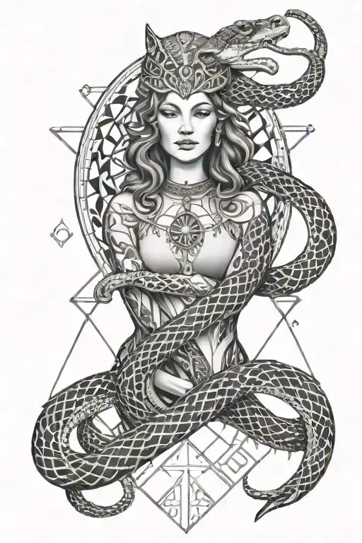 snake wrapped around an empress tarot card surrounded by the moon phases  tattoo design idea