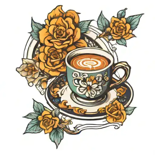 espresso cup on plate tattoo design idea