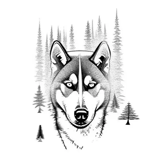 husky with mountain pine trees backdrop tattoo design idea