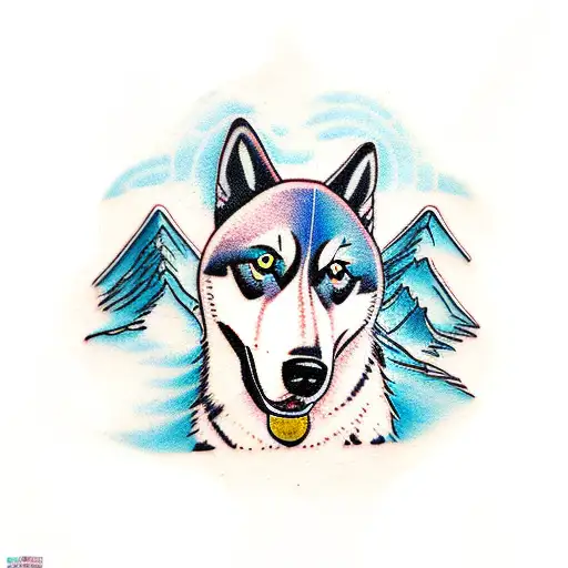 husky with mountain backdrop tattoo design idea