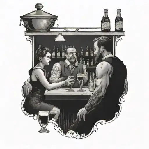 Bartender serving drinks to a group of fantasy characters in a tavern setting tattoo design idea
