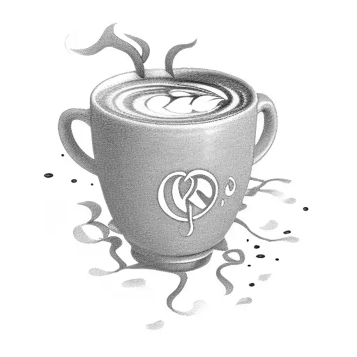 A bold black-grey tattoo of a steaming cup of coffee intertwined with DJ equipment, representing the client's love for both music and coffee. tattoo design idea