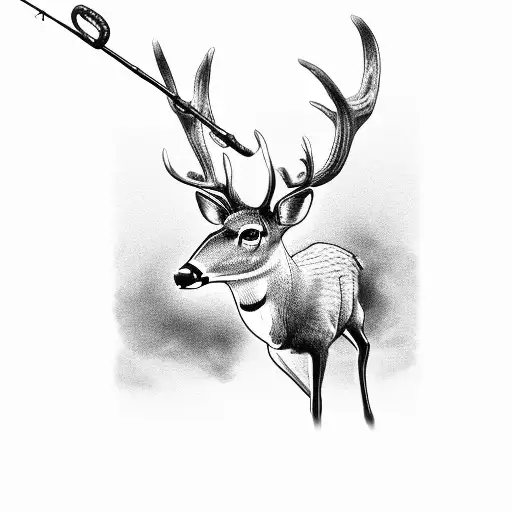 A majestic deer standing tall in a black-grey style, with a fishing hook subtly incorporated into its antlers tattoo design idea