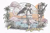 flamingo sunset child sniffs cocaine machine guns tattoo design idea