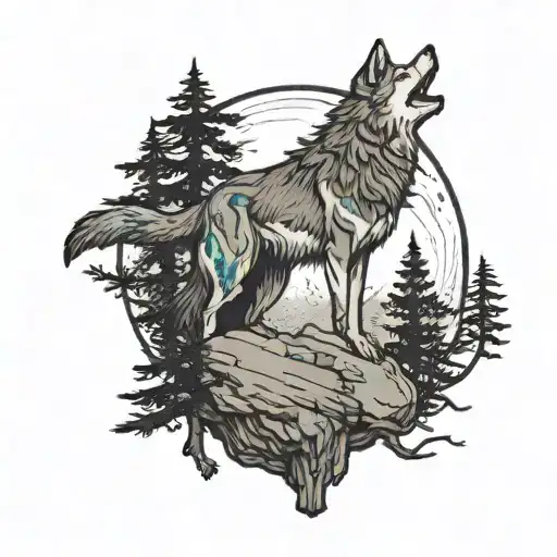 a wolf on a cliff in a pinetree forest howling at a full moon  tattoo design idea