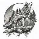wolf on a cliff in a pine tree Forest howling at a full moon  tattoo design idea