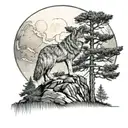 wolf on a cliff in a pine tree Forest howling at a full moon  tattoo design idea