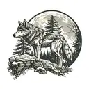 wolf on a cliff in a pine tree Forest howling at a full moon  tattoo design idea