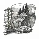 wolf on a cliff in a pine tree Forest howling at a full moon  tattoo design idea