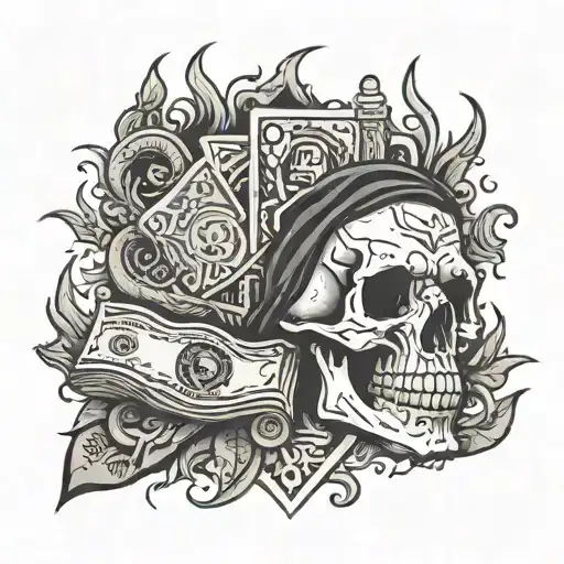 Skull and money with flames right arm sleeve tattoo design idea