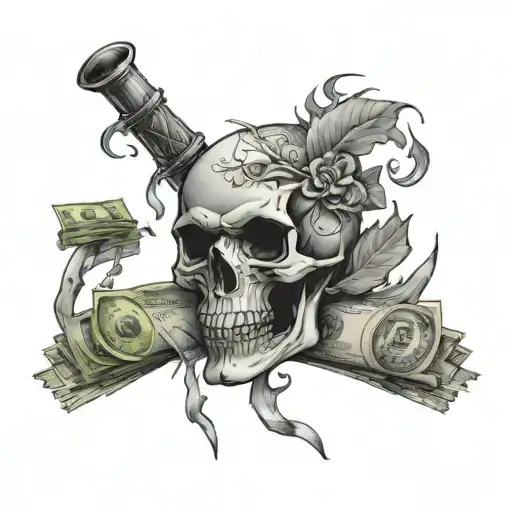  right arm sleeve with skull on top of money with flames going up tattoo design idea