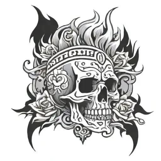  right arm sleeve with skull on top of money with flames going up tattoo design idea