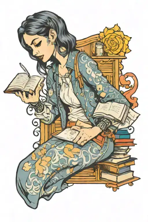 girl with a book, dark door with a Minsterē behind this girl tattoo design idea