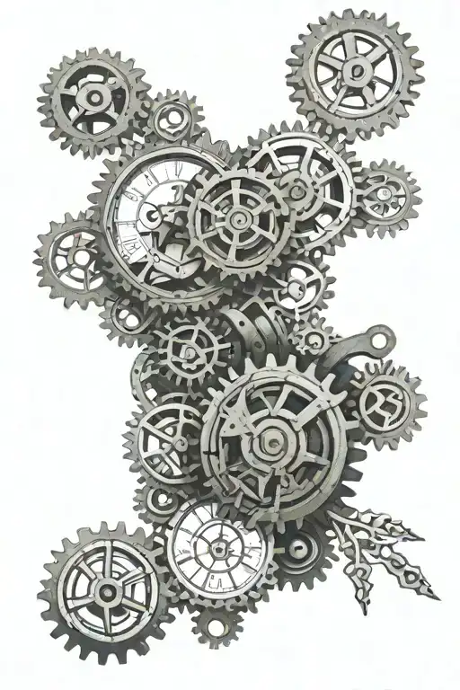 Several gears tied together and a watch  to symbolism hard work over time tattoo design idea