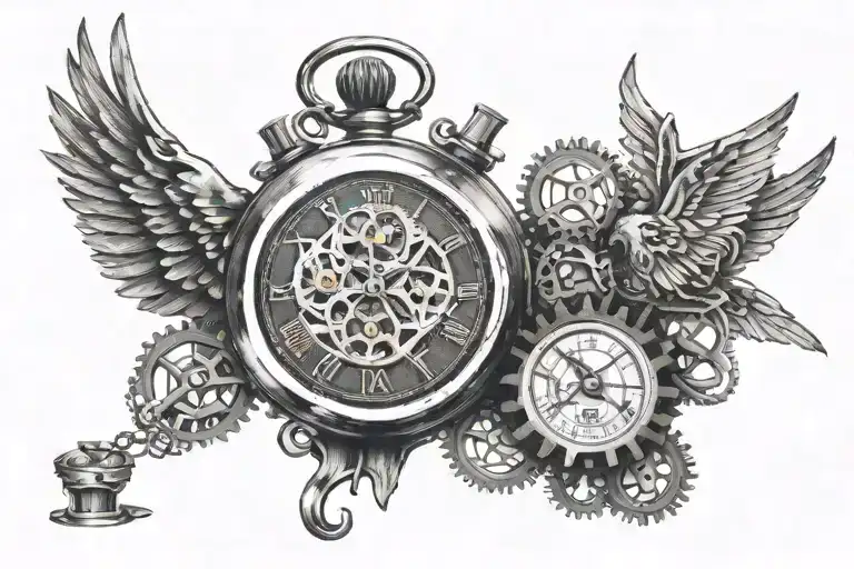 Voture spred wings closely standing on a broken watch big and small parts of gear tattoo design idea