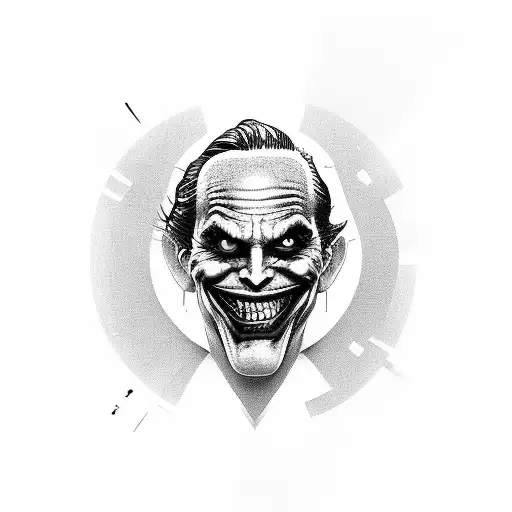 Design a black-grey tattoo of the Joker playing video games with a cashier theme in the background tattoo design idea