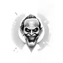 Design a black-grey tattoo of the Joker playing video games with a cashier theme in the background tattoo design idea