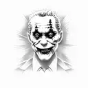 Design a black-grey tattoo of the Joker playing video games with a cashier theme in the background tattoo design idea