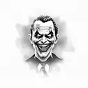 Design a black-grey tattoo of the Joker playing video games with a cashier theme in the background tattoo design idea