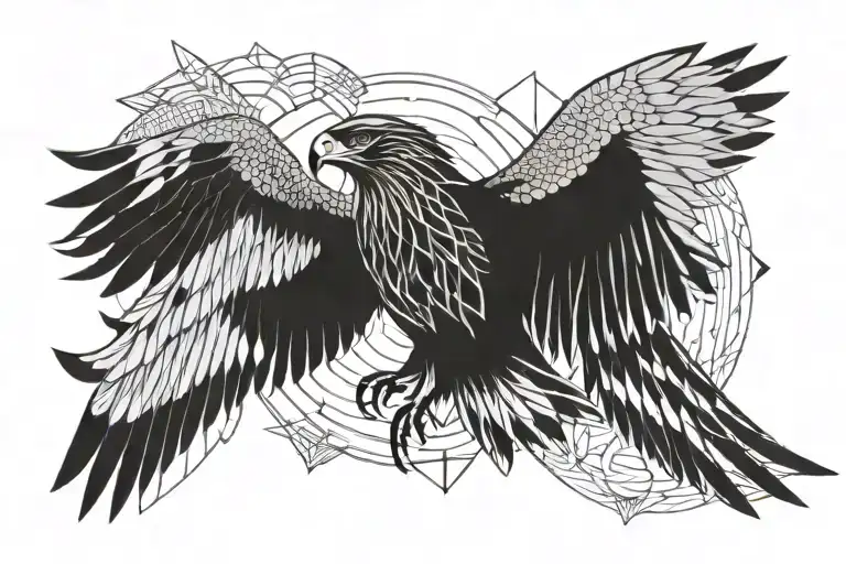 flying hawk from behind, water symbol in left wing, air symbol in right wing tattoo design idea