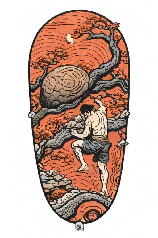Sisyphus pushing a boulder uphill tattoo design idea