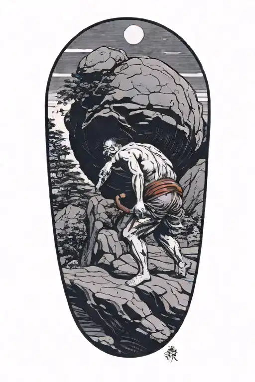 Sisyphus pushing a boulder uphill tattoo design idea
