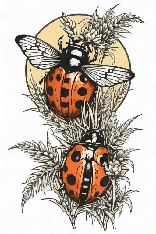 Moon with tall grass a ladybug, butterfly, and bee  tattoo design idea