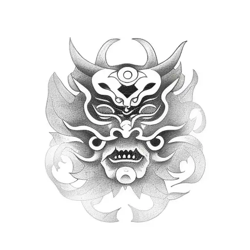 wise demon mask with plants tattoo design idea