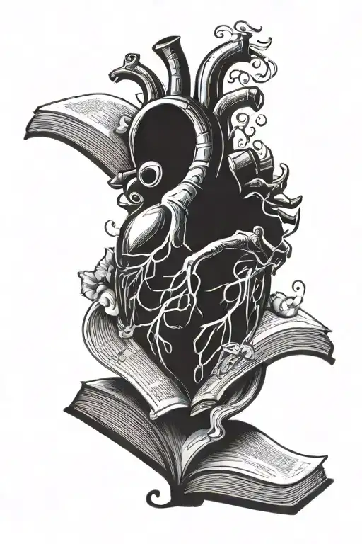 medium size heart. Inside the heart, there is an open book. in the book is 3 silhouettes holding hands tattoo design idea