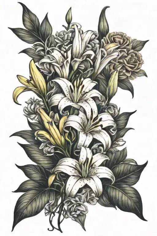 bouquet with Lily flower and Elizabeth rose flower and on the stem of a Lily flower, the name "Lily" in cursive tattoo design idea