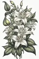 bouquet with Lily flower and Elizabeth rose flower and on the stem of a Lily flower, the name "Lily" in cursive tattoo design idea