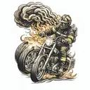 A firefighter riding a motorcycle through a fiery inferno, with flames and smoke swirling around them tattoo design idea