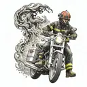 A firefighter riding a motorcycle through a fiery inferno, with flames and smoke swirling around them tattoo design idea