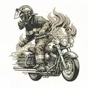 A firefighter riding a motorcycle through a fiery inferno, with flames and smoke swirling around them tattoo design idea