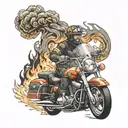 A firefighter riding a motorcycle through a fiery inferno, with flames and smoke swirling around them tattoo design idea