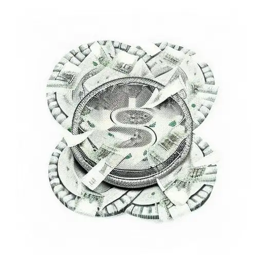 A stack of dollar bills transforming into a trail of tire smoke from a drifting car tattoo design idea