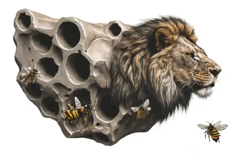 lion carcass with bee hive inside tattoo design idea