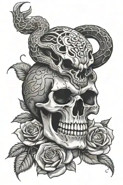 snake wrapped round, skull laughing skull, roses intertwined tattoo design idea