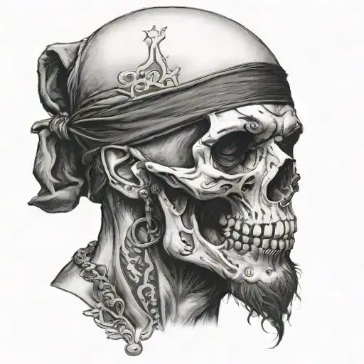 skull with a black bandana on his head and a chin strap beard. Grimm written on the bandana tattoo design idea