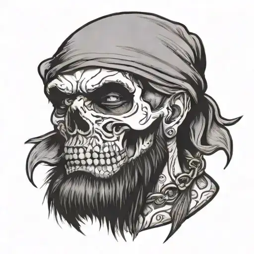 skull with a black bandana on his head and a chin strap beard. Grimm on the bandana tattoo design idea