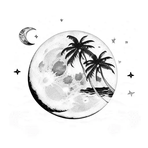 black and white moon stars sea beach palmtrees night tattoo design idea