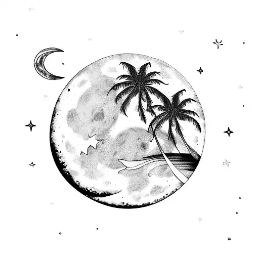 black and white moon stars sea beach palmtrees night tattoo design idea